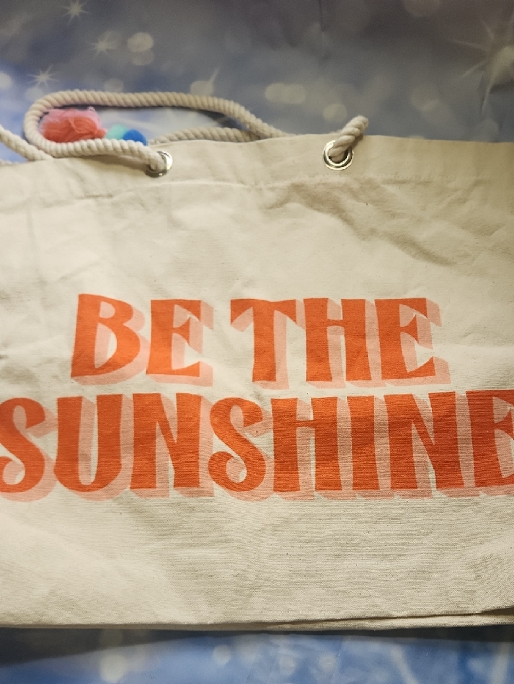 Be The Sunshine Cream Tote with Coral Text and Tassel 15" X 18" - Picture 4 of 8